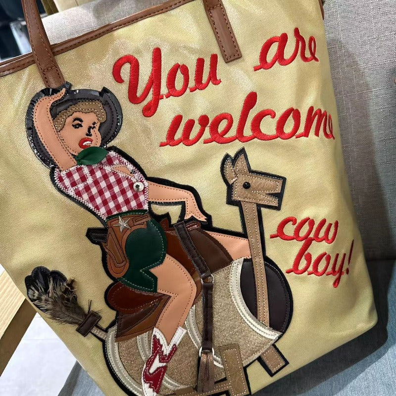 Chrome Heart Leather Bag Embroidered Cartoon Tote Bag