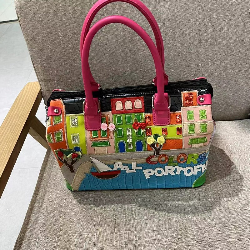 Chrome Heart Leather Bag Embroidered Cartoon Shoulder Bag Crossbody Bag