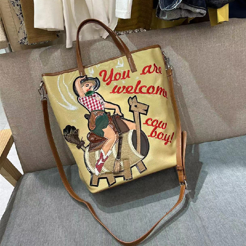 Chrome Heart Leather Bag Embroidered Cartoon Tote Bag